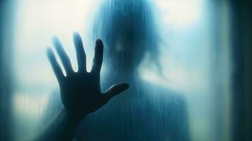 misterioso mulher atrás fosco vidro simbolizando isolamento ou tristeza foto