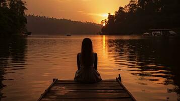 mulher sentado em doca às pôr do sol em lago bunyonyi Uganda África dentro uma tranquilo cena foto