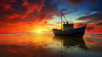 nascer do sol em a de praia com uma colorida céu e uma pescaria barco silhueta foto