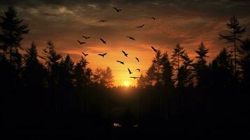pássaros vôo sobre uma floresta durante pôr do sol s silhueta foto
