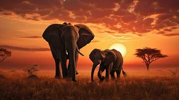 mãe e bebê elefantes silhuetas durante a africano pôr do sol foto