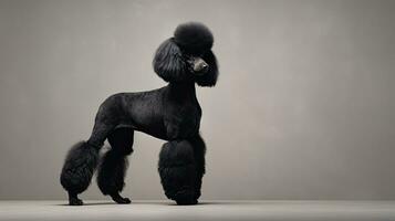 Preto poodle em pé dentro estúdio em cinzento fundo foto