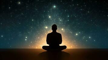 humano silhueta sentado em meio a estrelado fundo absorta dentro ioga meditação para relaxamento e psicológico bem ser foto