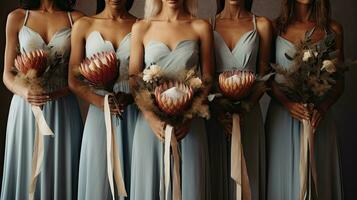 luxo Casamento com damas de honra dentro azul vestidos e uma noiva dentro uma branco vestido segurando protea buquês foto