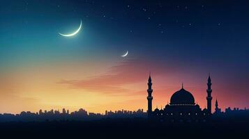 mesquitas às crepúsculo com crescente lua representando islamismo s piedosos ocasiões foto