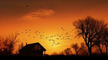 árvores e casa esboço com pássaros dentro pôr do sol céu criando uma pacífico natureza atmosfera foto