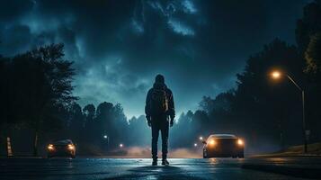 uma homem com confiança carrinhos dentro a carro faróis segurando uma mochila criando uma visualmente impressionante Esportes foto às noite