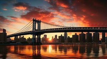 pôr do sol Visão do Manhattan ponte e Horizonte a partir de Brooklyn dentro Novo Iorque cidade foto