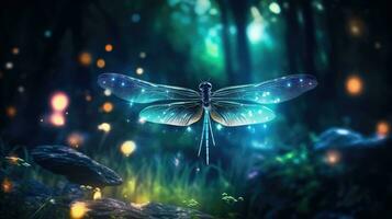 abstrato e mágico representação do libélula e vaga-lume dentro uma período noturno floresta fada conto idéia foto