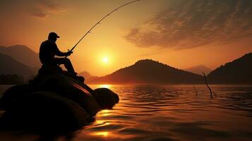 Tailândia pôr do sol apresentando uma homem pescaria visto Como uma silhueta foto