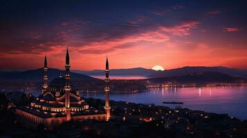 noite Visão a partir de acima do Istambul com a s leymaniye mesquita recortado contra uma vermelho tarde céu e a mar do marmara dentro a fundo foto