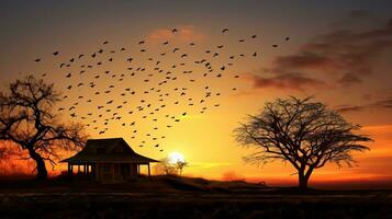 árvores e casa esboço com pássaros dentro pôr do sol céu criando uma pacífico natureza atmosfera foto