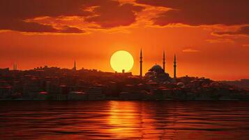 cidade do Istambul silhueta em a horizonte durante a laranja pôr do sol sobre a mar foto