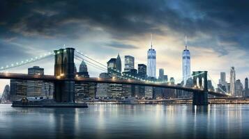 panorâmico Visão do Manhattan Horizonte e Brooklyn ponte dentro Novo Iorque cidade foto