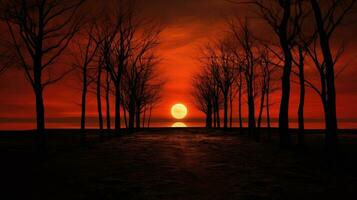 fogosa vermelho pôr do sol atrás nu outono árvores foto