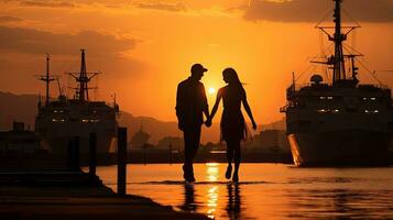 romântico casal segurando mãos desfrutando pôr do sol às ocidental distrito público carga trabalhando área Kennedy Cidade victoria Porto hong kong foto