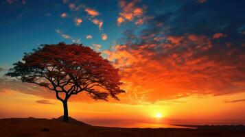 pôr do sol ou nascer do sol foto capturando a beleza do uma árvore contra uma colorida céu durante Natal festivais