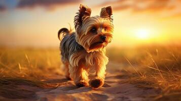 yorkshire terrier caminhando durante pôr do sol borrado e colorido cenário 2018 é a ano do a cachorro dentro a chinês lunar zodíaco calendário foto