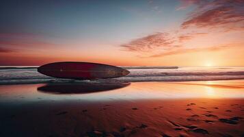 prancha de surfe às pôr do sol em a costa foto