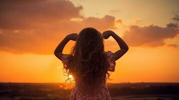 pequeno menina formando coração às pôr do sol a partir de atrás foto