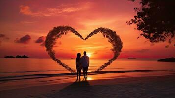 jovem casal em seus Casamento dia em uma tropical de praia com uma pôr do sol mar pano de fundo criando uma coração forma com seus mãos foto