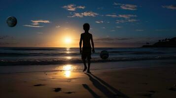 Garoto s silhueta em de praia com bola foto