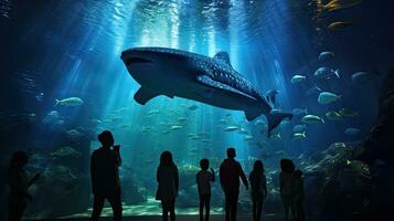 visitantes às aquário Assistir silhuetas do peixe natação Incluindo baleia Tubarão foto