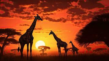 girafas dentro África durante pôr do sol foto