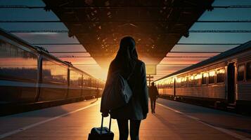 uma solitário mulher s sombra passeando às uma trem estação observado a partir de a traseiro foto