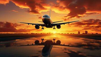 avião aterrissagem às aeroporto durante pôr do sol com silhueta foto