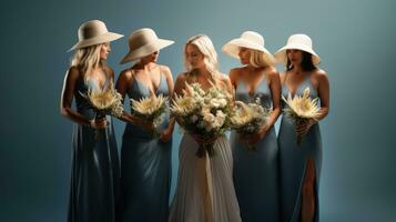 luxo Casamento com damas de honra dentro azul vestidos e uma noiva dentro uma branco vestido segurando protea buquês foto