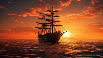 uma navio silhueta durante pôr do sol foto