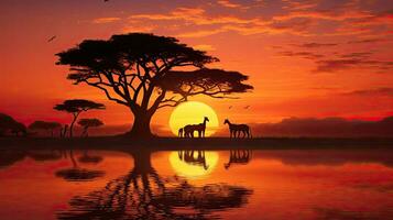 masai mara s típica africano pôr do sol com acácia árvores e uma girafa família recortado contra uma configuração Sol refletido em água foto