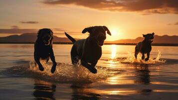 cachorros brincando de a costa caninos sombras configuração Sol foto