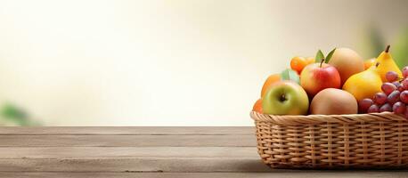 fruta preenchidas vime cesta em mesa para escrevendo foto