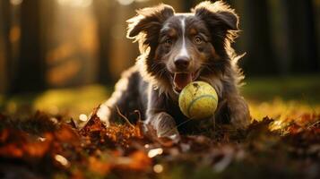 cachorro tocam com bola dentro outono parque foto