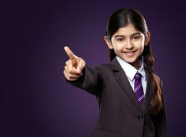 alegre menina dentro escola uniforme apontando dedo acima foto