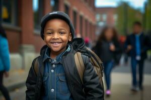 uma feliz criança dentro Preto caminhando para dentro escola foto