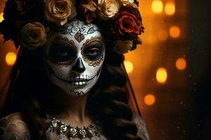 uma mexicano mulher com açúcar crânio Maquiagem e flores foto