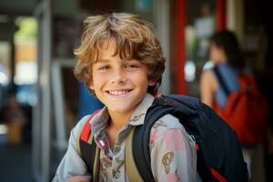 uma feliz criança dentro Preto caminhando para dentro escola foto