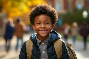 uma feliz criança dentro Preto caminhando para dentro escola foto