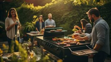 jovem família é grelhar às a churrasco foto