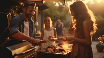 jovem família é grelhar às a churrasco foto