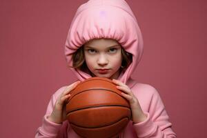 menina segurando basquetebol bola em Rosa fundo foto