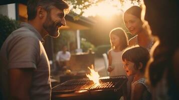 jovem família é grelhar às a churrasco foto