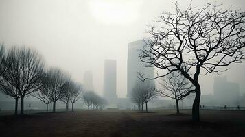 enevoado manhã paisagem urbana com névoa, seco árvores, e sereno atmosfera. ai gerado foto