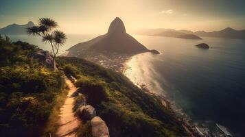 alvorecer revela deslumbrante costeiro panorama com montanhas, árvores, e tranquilo água dentro Alto terra penhasco com uma caminho limitar a lado do montanha. ai gerado foto