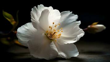 lindo fechar acima uma ramo do uma branco cereja Flor flor ou sakura flor Sombrio fundo. ai gerado foto