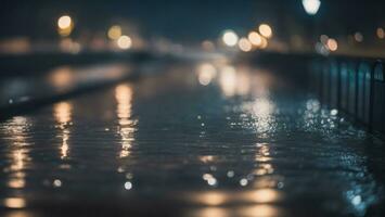 inundado estrada, chuvoso noite, cidade luzes, bokeh ai gerado foto