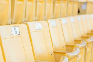 esvaziar amarelo assentos às estádio, linhas do assento em uma futebol estádio, selecione foco foto